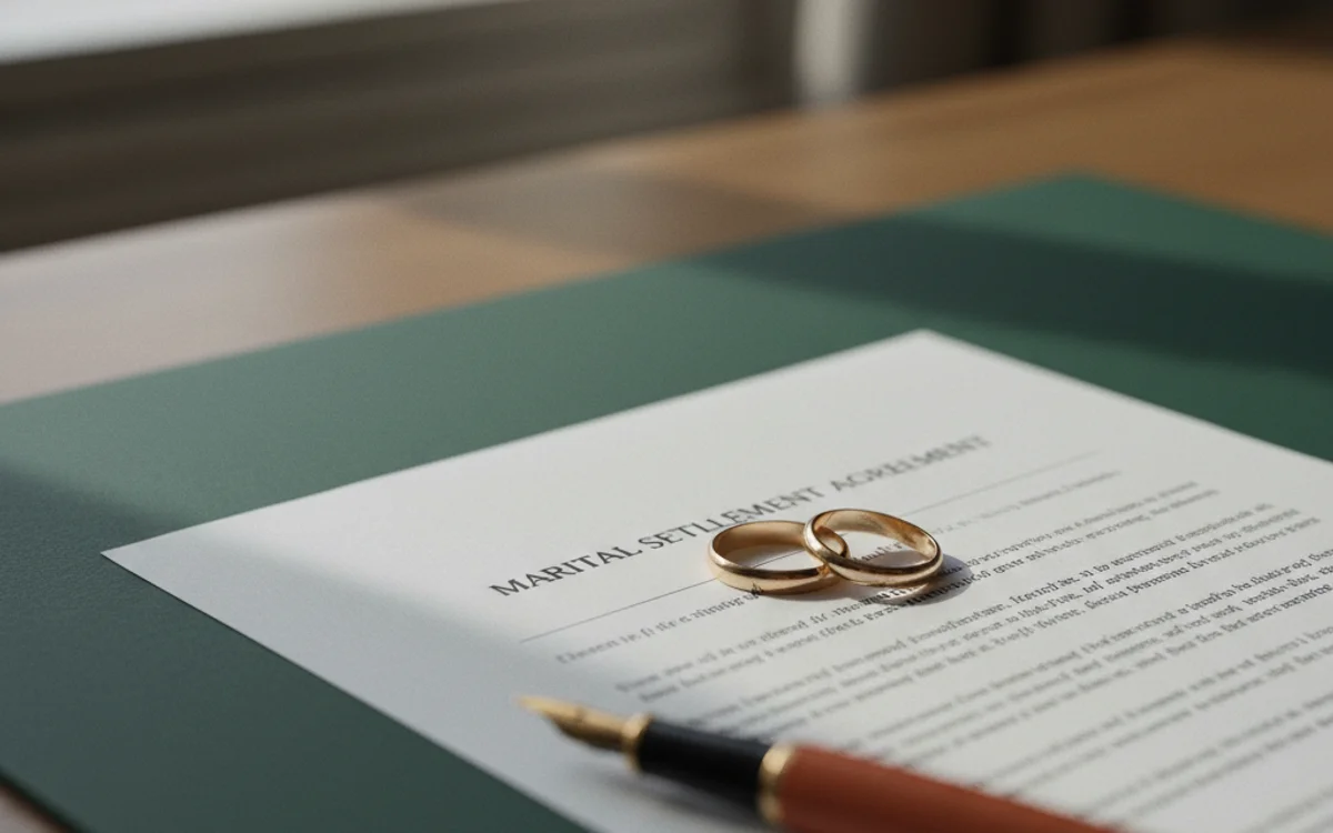 Two wedding rings resting on a legal document beside a fountain pen, symbolising an alimony negotiation