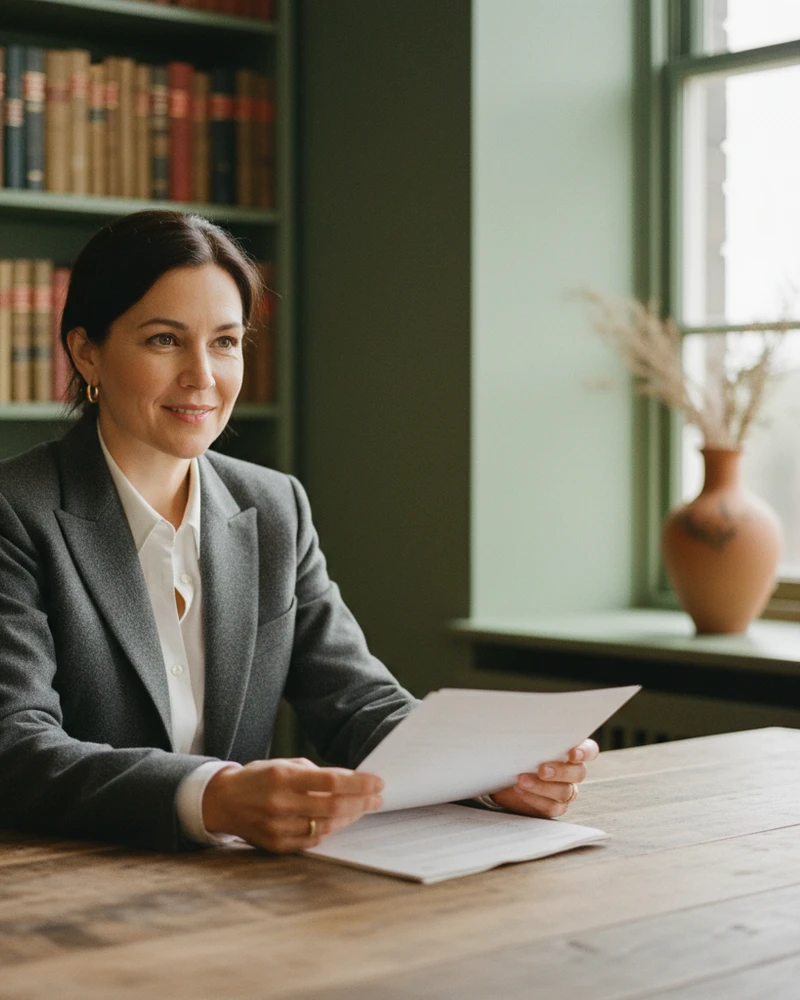 Claire Lefèvre, editor-in-chief of WinderWeedle Law, reading a legal document at her desk